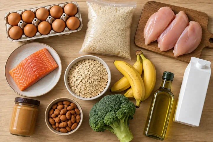 Overhead view of eggs, rice, chicken breasts, salmon, oats, bananas, milk, peanut butter, almonds, broccoli and olive oil on a table