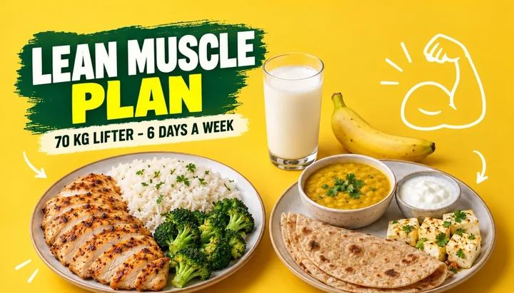 Two plates side by side, one with grilled chicken, rice and broccoli and one with chapati, dal, paneer and curd, with a glass of milk and a banana between them