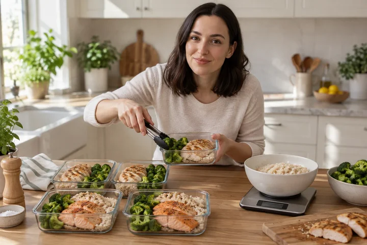 A woman filling glass meal-prep containers with chicken, salmon, rice and broccoli next to a kitchen scale