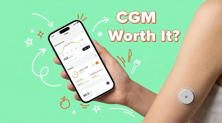 CGM continuous glucose monitor sensor on arm with smartphone showing glucose data