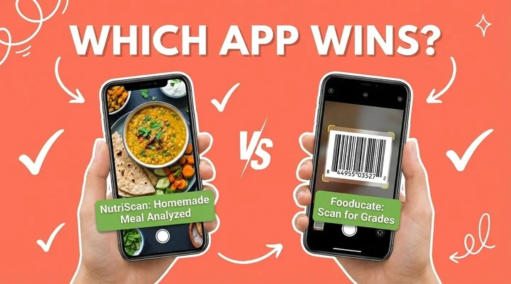 Two smartphones showing nutrition tracking apps side by side with healthy homemade food in background
