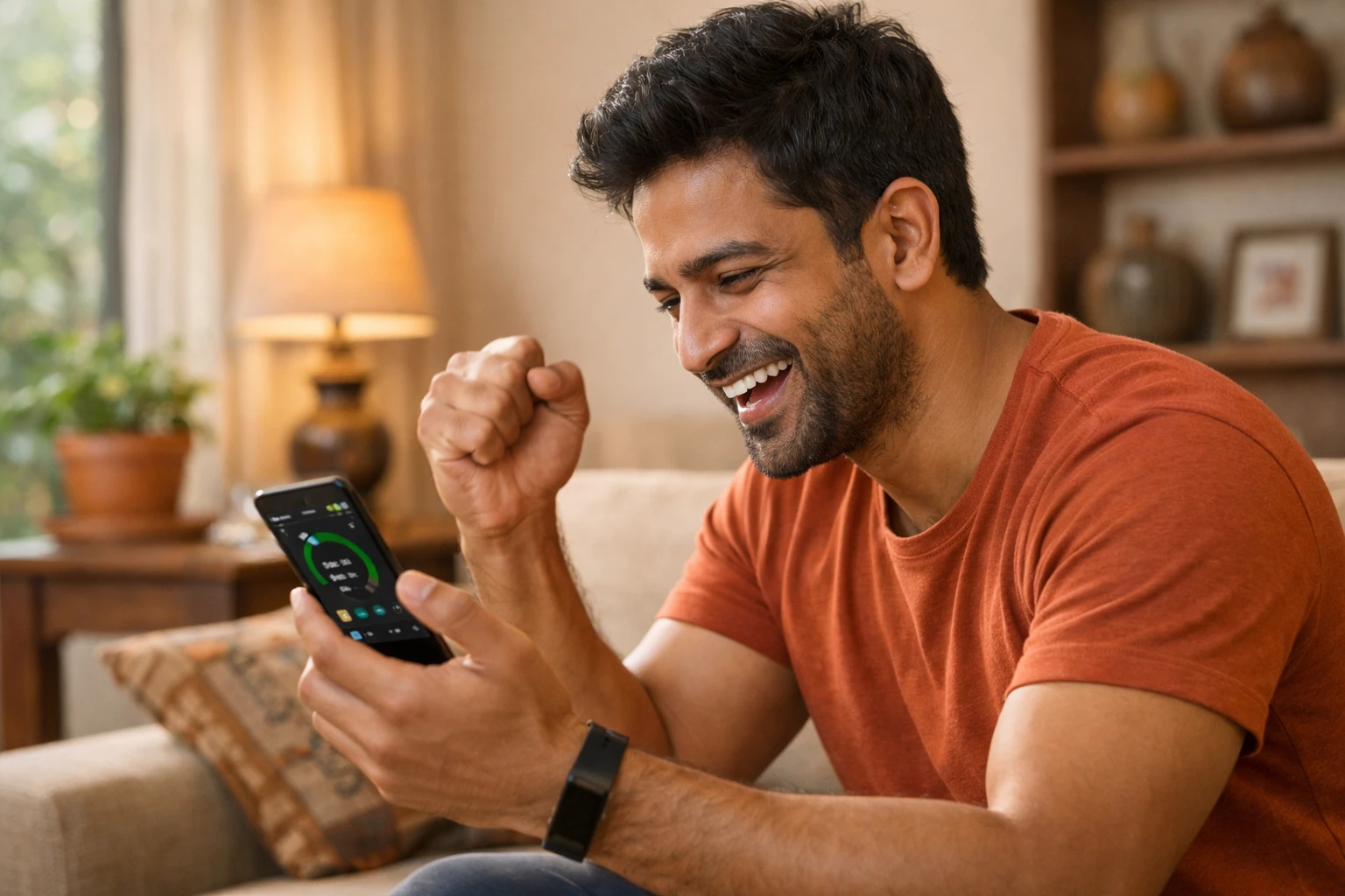 Person excited about finding a great deal on their fitness app subscription