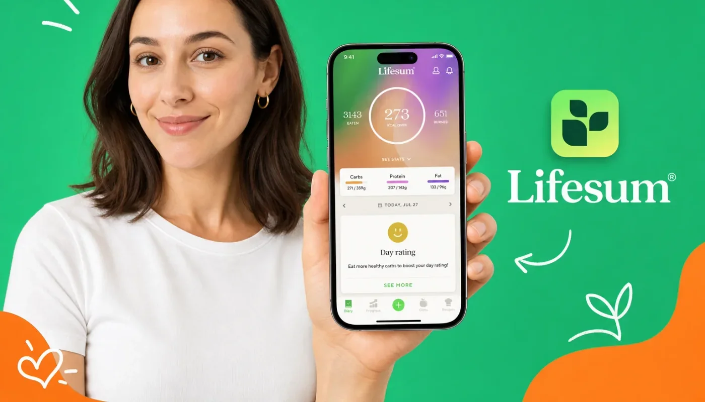 Two smartphones side by side showing nutrition tracking apps surrounded by healthy food ingredients