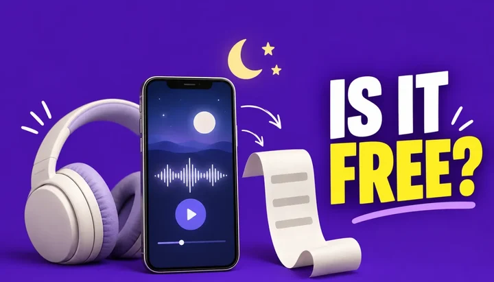 Is it free headline beside a phone showing a sound wave, a pair of headphones, a blank paper receipt and a crescent moon, illustrating Kure hypnosis app pricing and refunds