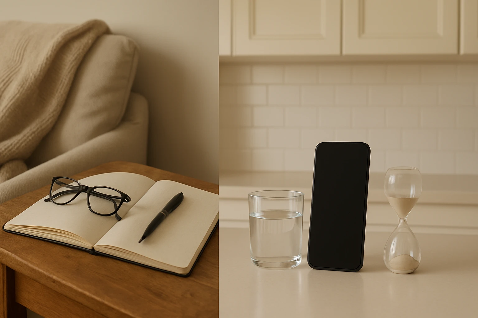 Split scene showing a cozy reading nook with a workbook versus a kitchen counter with a smartphone and hourglass, representing Noom's study style versus Simple's glance-and-go style