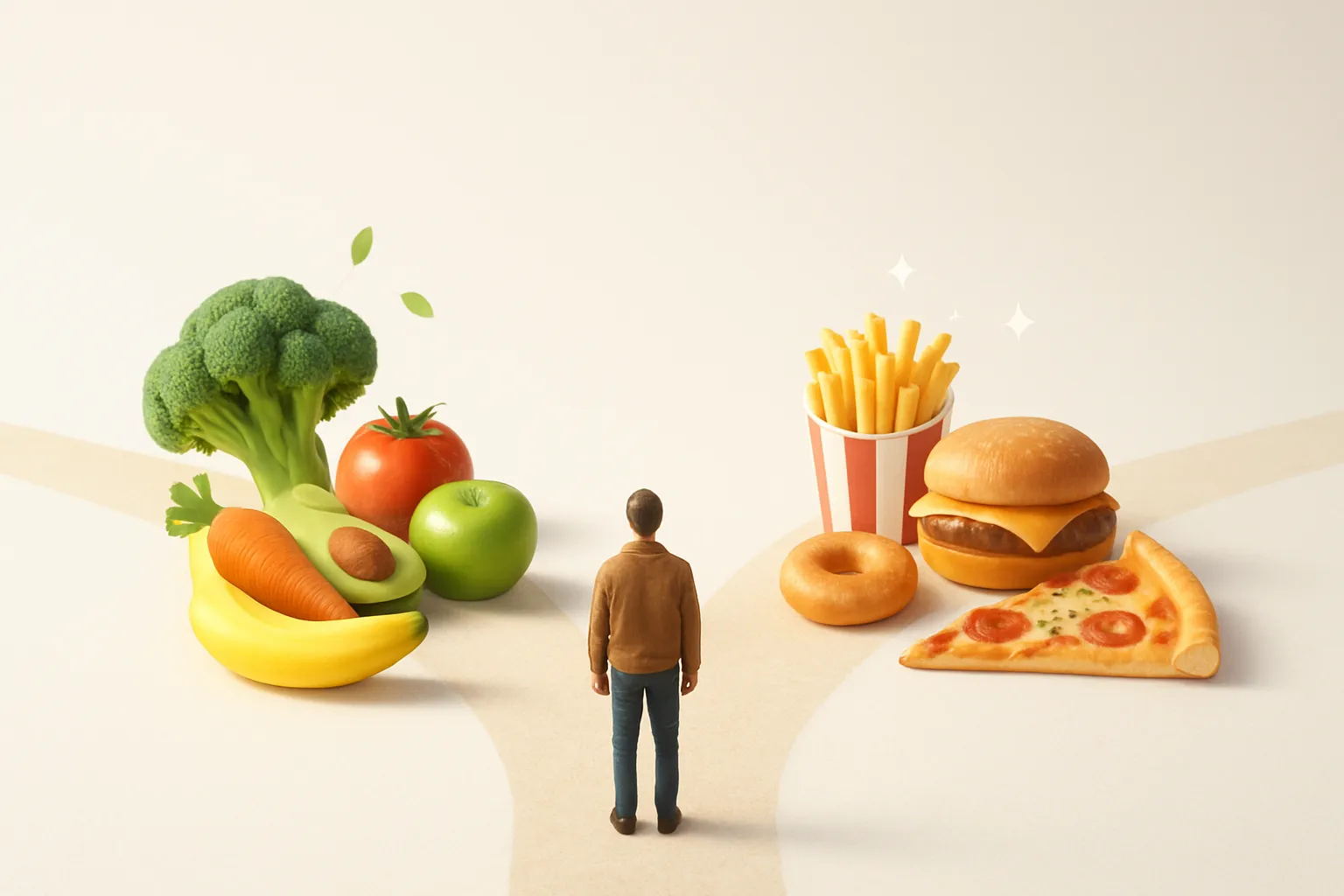 Person looking at healthy food choices, representing the challenge of sticking to a diet plan