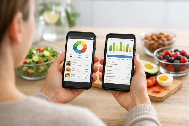 चमकदार किचन में सेहतमंद खाने के साथ न्यूट्रिशन apps की साथ-साथ तुलना करता व्यक्ति