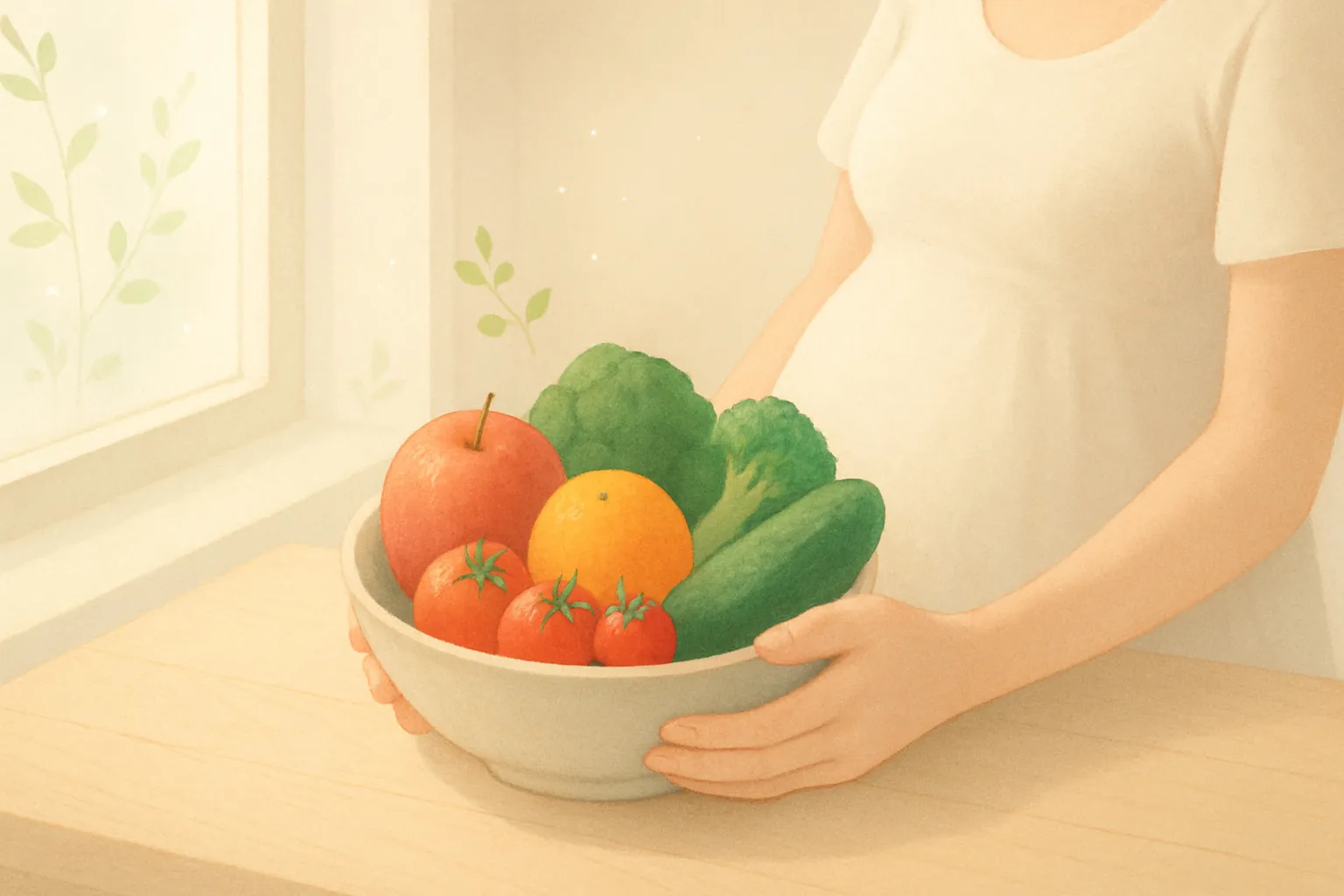Pregnant woman's hands holding a bowl of fresh, colorful fruits and vegetables on a light wooden table, representing the 28-day diet plan for conception preparation