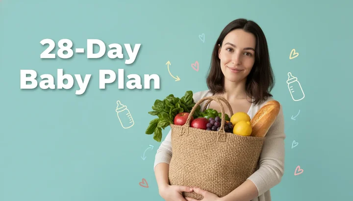 Pregnant woman's hands holding a bowl of fresh, colorful fruits and vegetables on a light wooden table, representing the 28-day diet plan for conception preparation