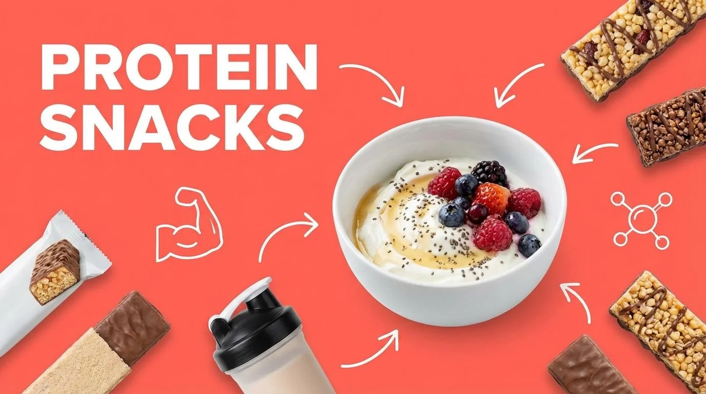 Colorful high protein snacks including roasted chickpeas, almonds, Greek yogurt, paneer, and boiled eggs arranged on marble surface