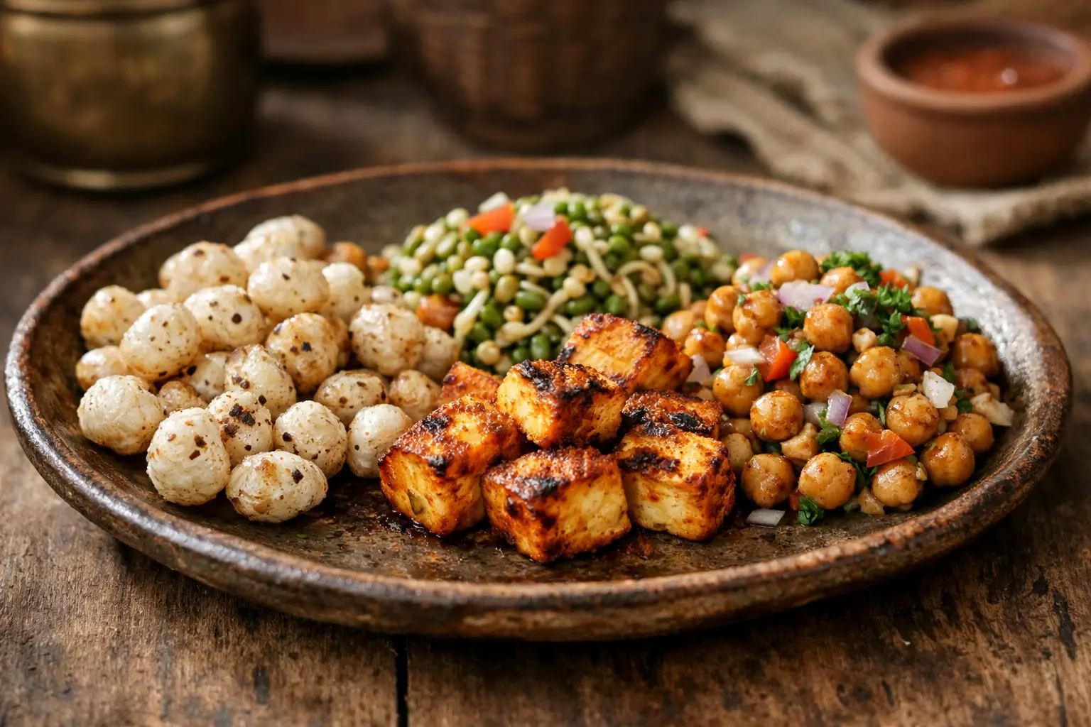 Traditional Indian protein snacks including makhana, sprouts, paneer tikka, and chana chaat on ceramic plate