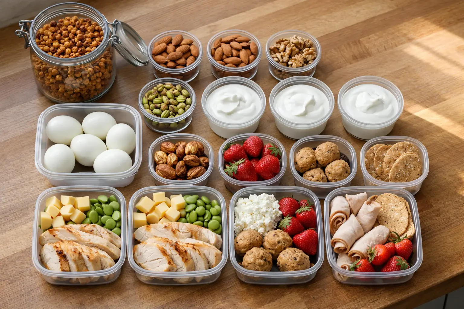 Meal prep containers with protein snacks organized for the week including chana, nuts, eggs, and yogurt