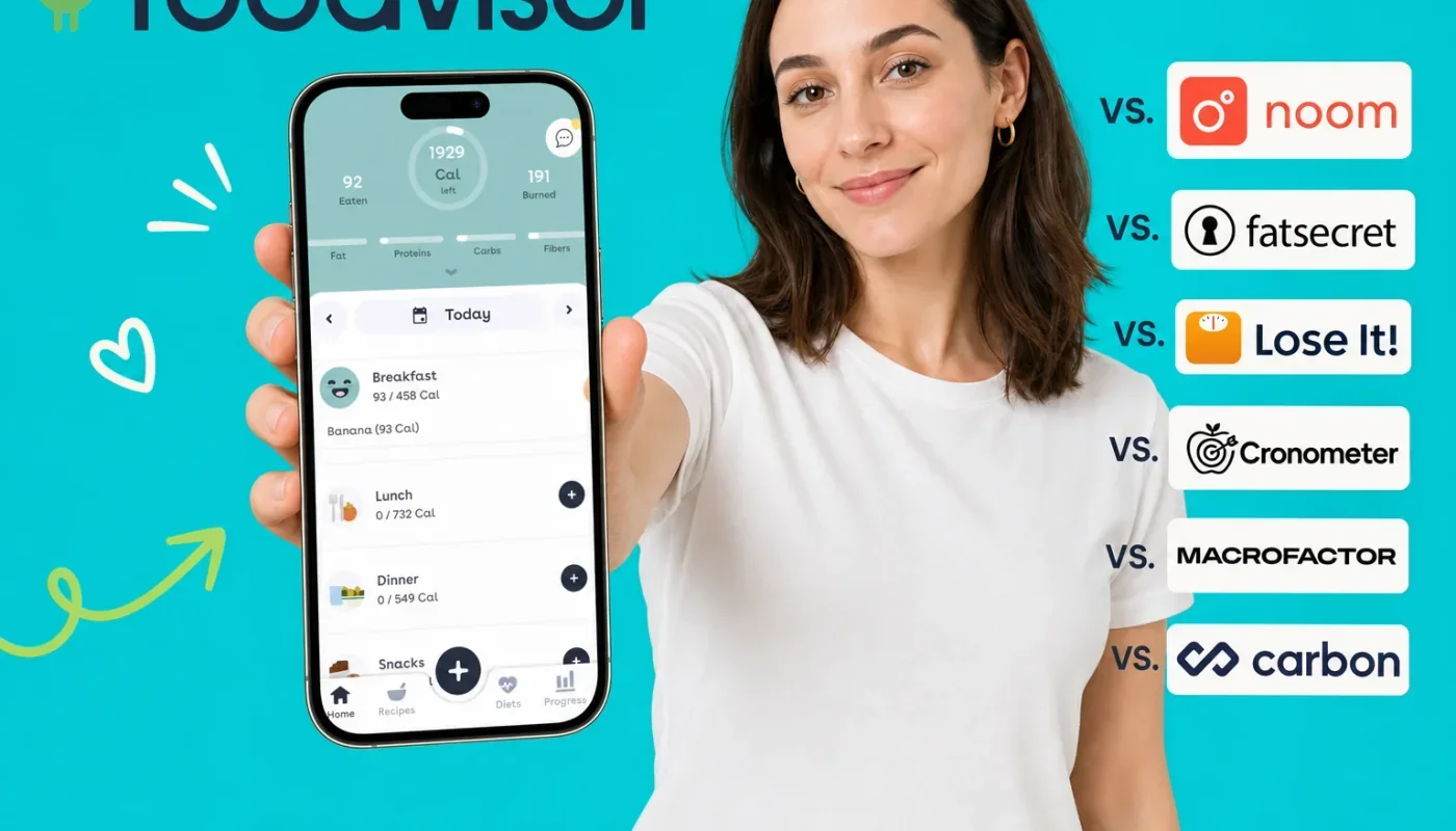 Two smartphones side by side comparing Foodvisor and Noom app interfaces for dietitian coaching and habit-based weight loss