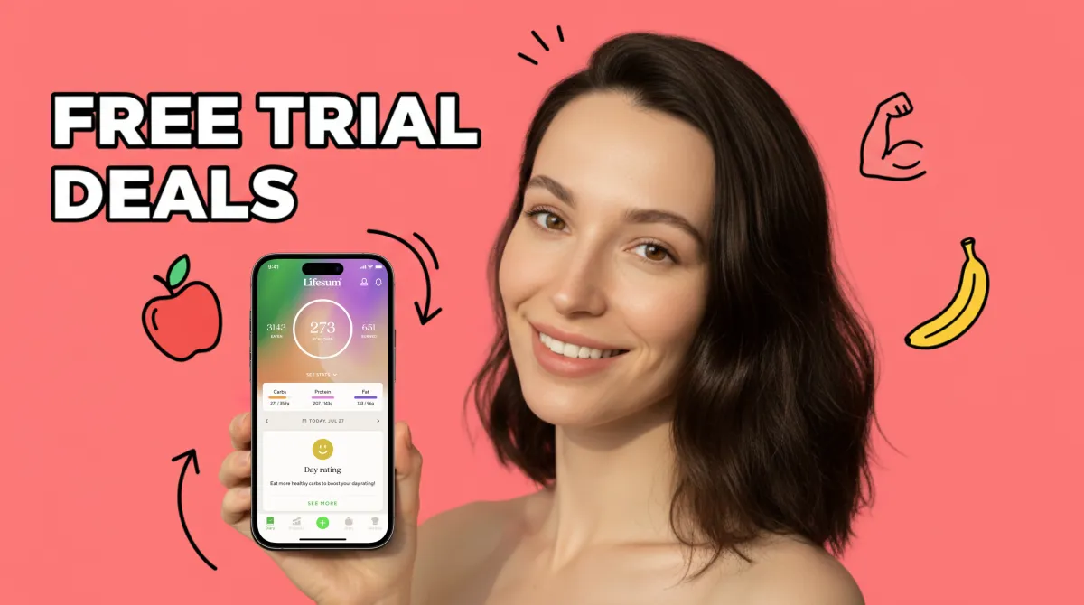 Person comparing nutrition app deals on phone with healthy food on table