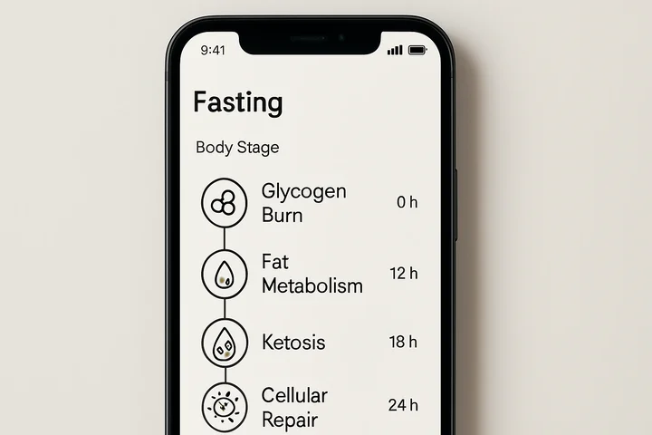 Smartphone showing a fasting app body stage visualization timeline with icons representing fat metabolism and ketosis phases during a fast