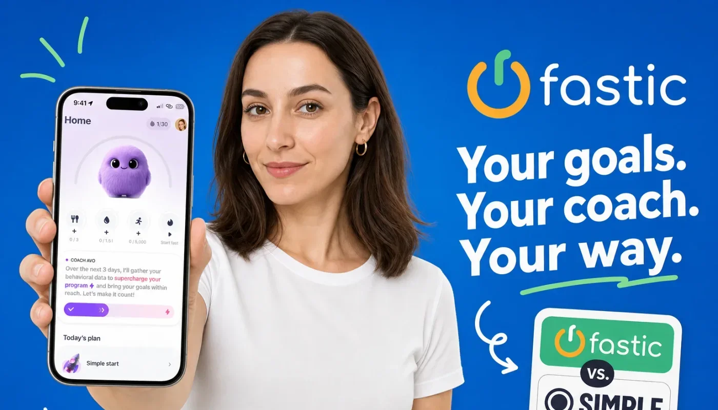 Two smartphones side by side showing intermittent fasting app interfaces for beginners in 2026