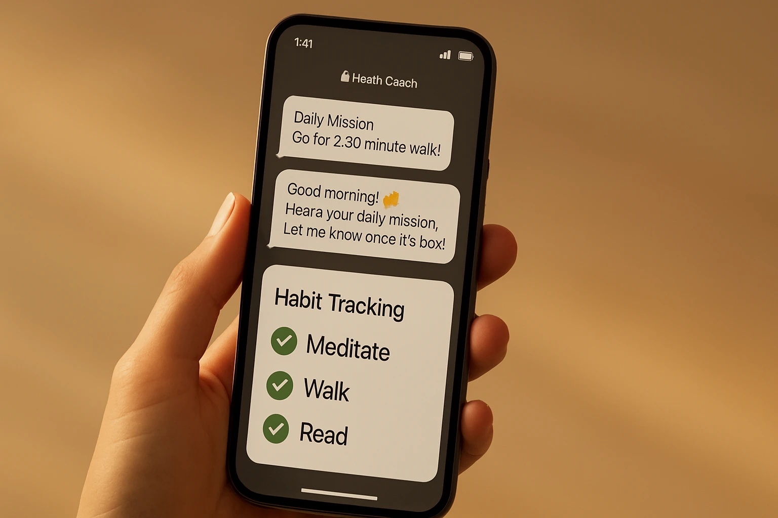 Smartphone held in hand showing an AI health coach chat interface with daily check-in prompts and habit tracking checkmarks
