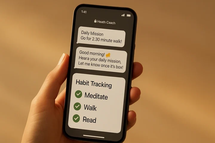 Smartphone held in hand showing an AI health coach chat interface with daily check-in prompts and habit tracking checkmarks