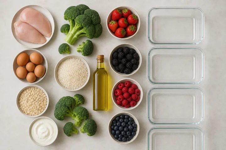 A week of groceries laid out in rows beside four empty glass meal prep containers