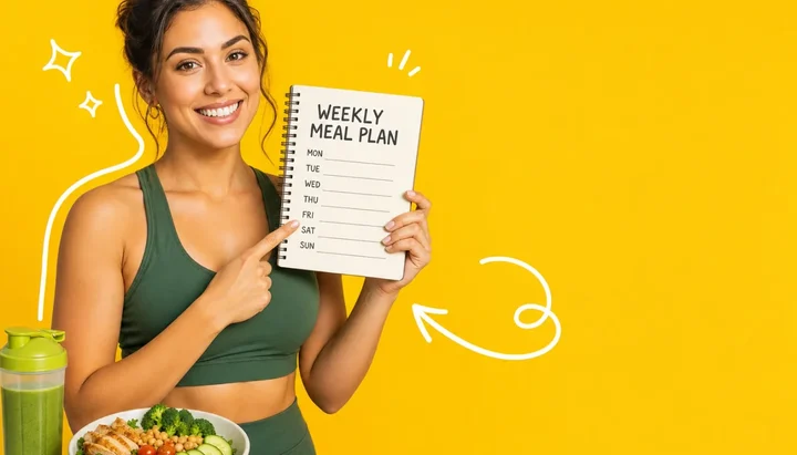 Smiling woman in green activewear pointing at a spiral notebook headed Weekly Meal Plan with blank lines for Monday to Sunday, beside a bowl of chicken and vegetables