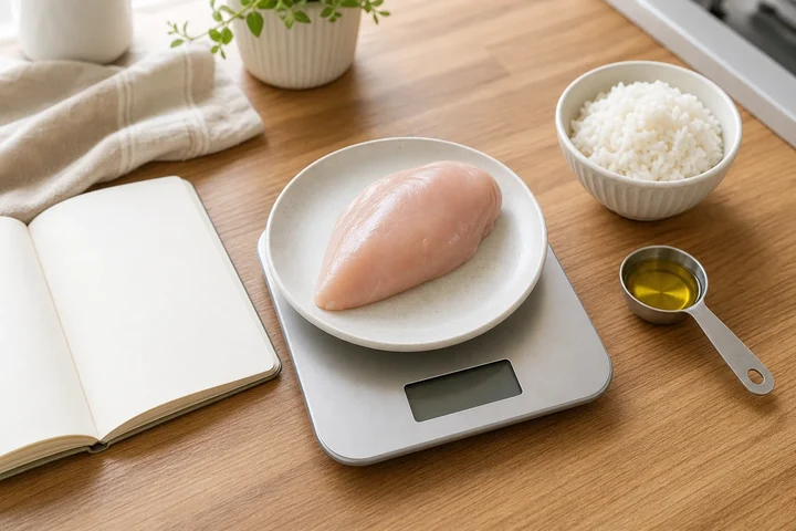 Kitchen scale holding a raw chicken breast beside a bowl of rice, a spoon of olive oil and an open notebook