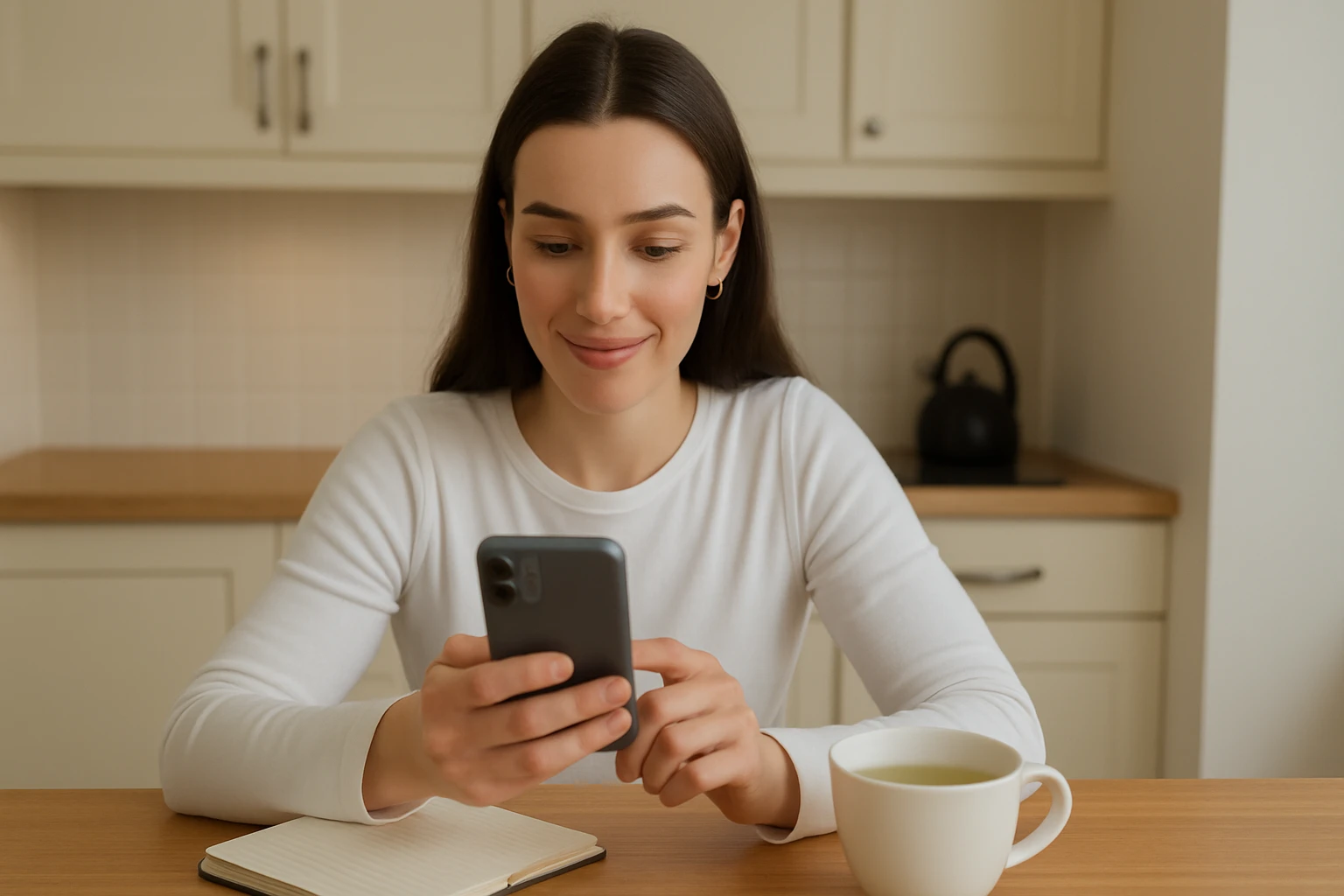Nutrition coach at a kitchen table comparing food tracking apps on her phone with a notebook and green tea