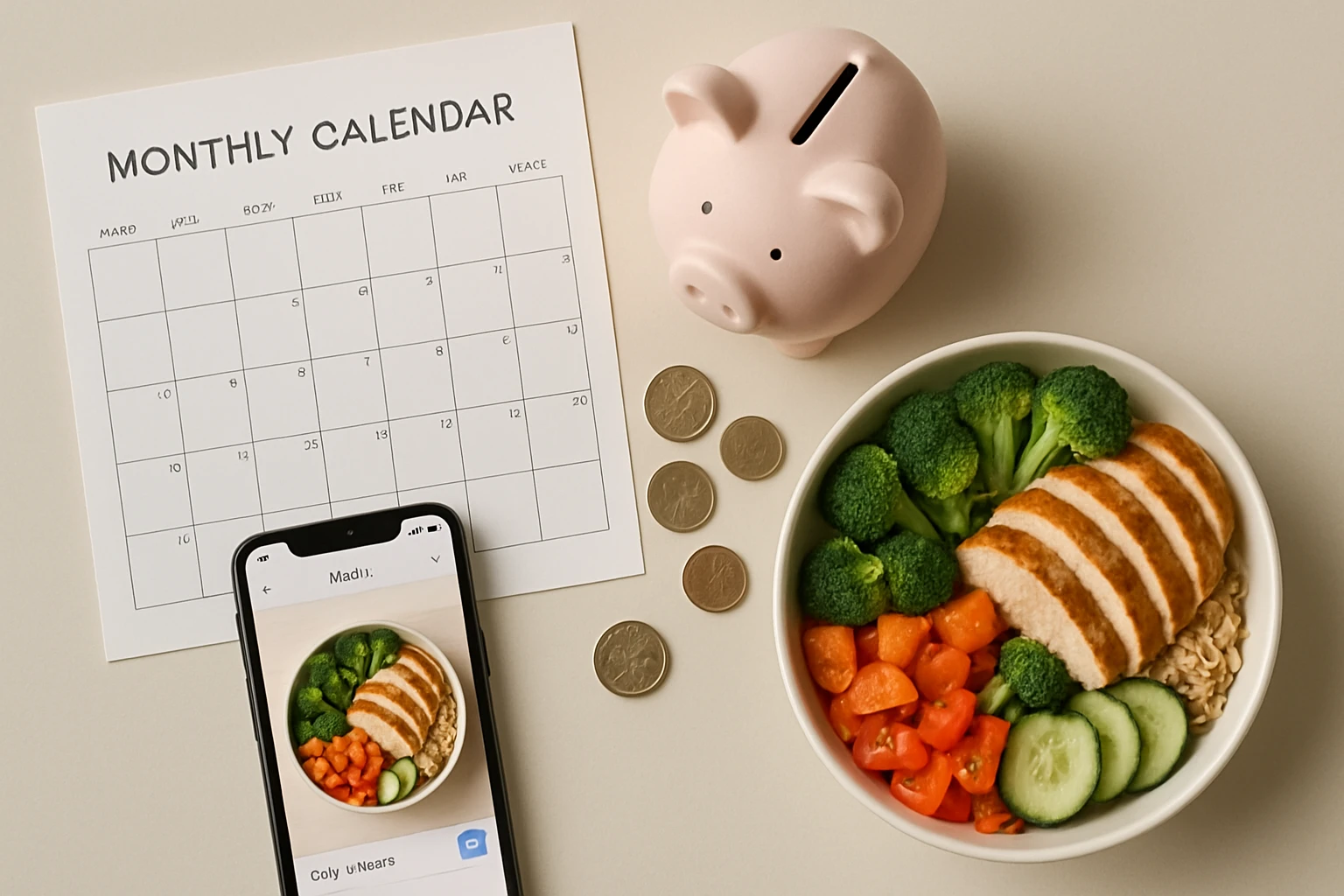 Flatlay of a calendar, piggy bank, coins, smartphone with a meal logging app, and a healthy meal bowl