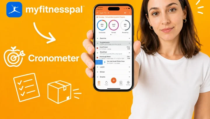 Two phones side by side, one showing a MyFitnessPal food diary and the other showing a Cronometer nutrient report with vitamin and mineral bars
