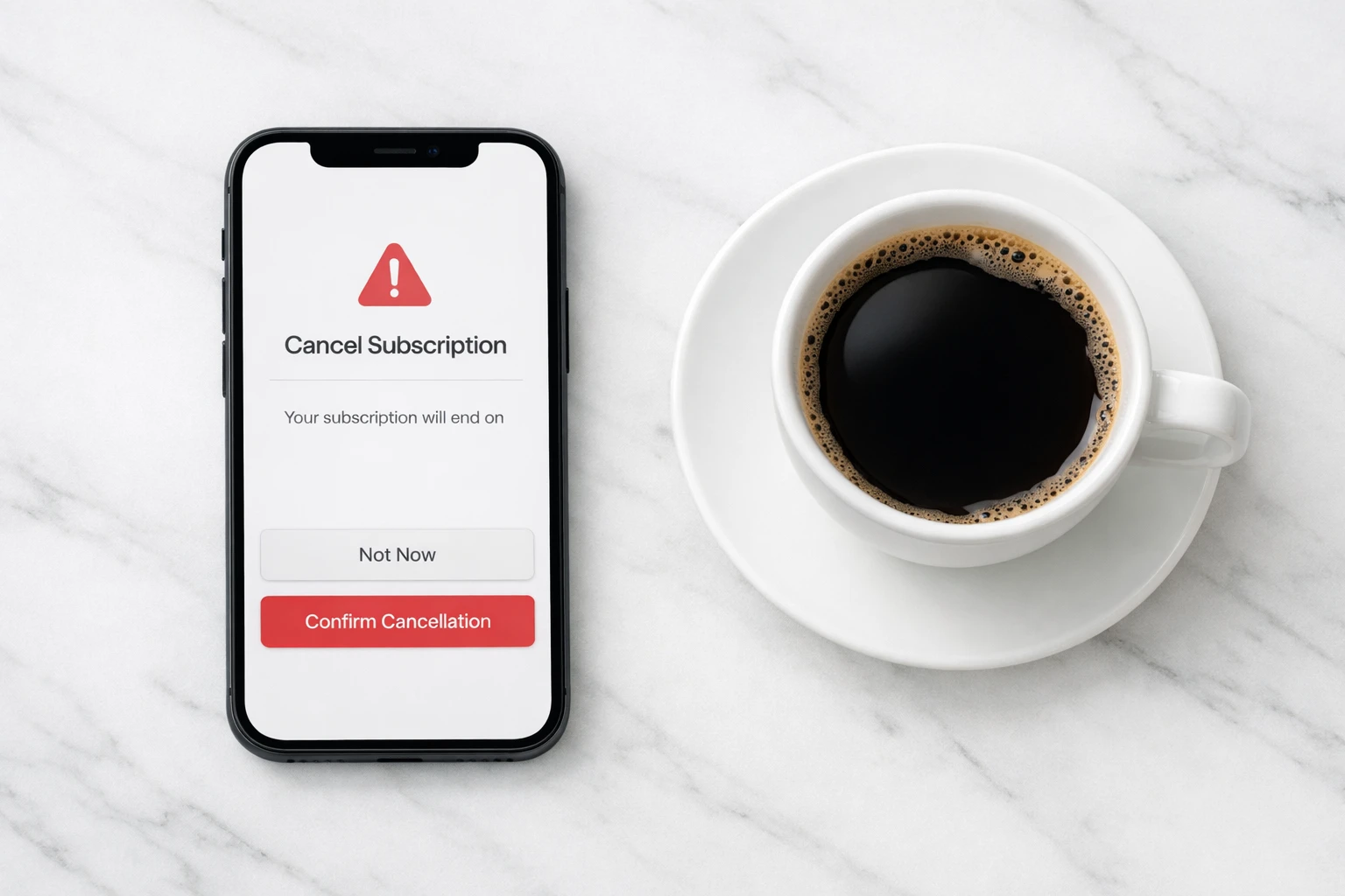 iPhone showing subscription cancel screen on white marble desk with coffee cup