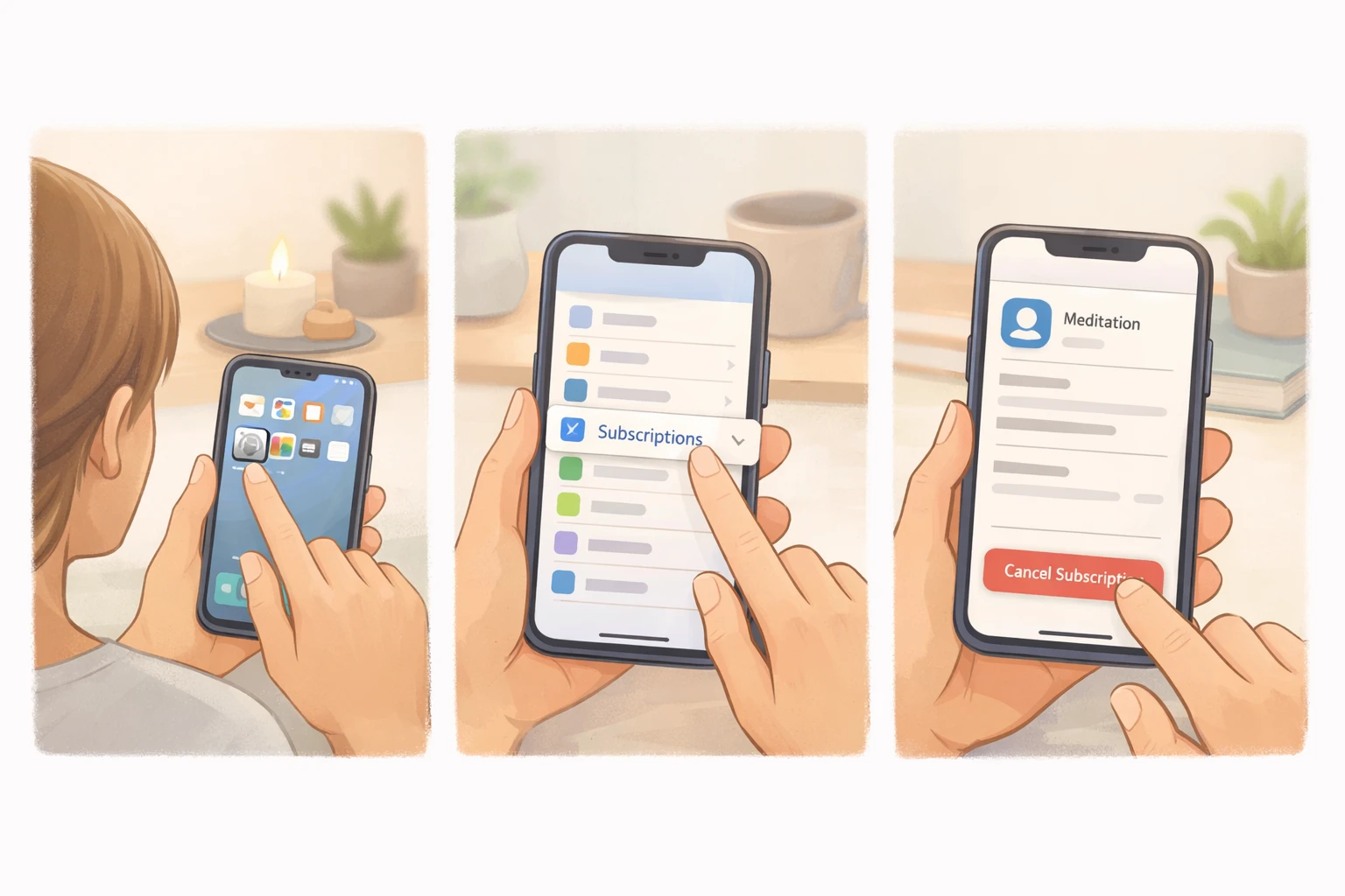 Step-by-step illustration showing how to cancel an app subscription on a phone