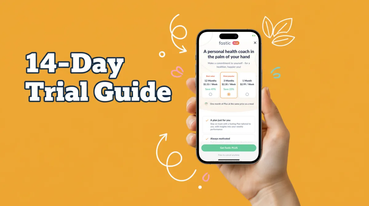 Person reviewing a fasting app subscription on their phone with a 14-day calendar highlighted