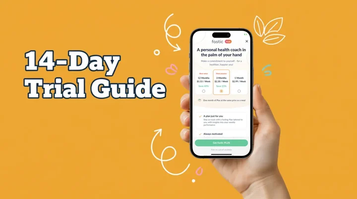 Person reviewing a fasting app subscription on their phone with a 14-day calendar highlighted