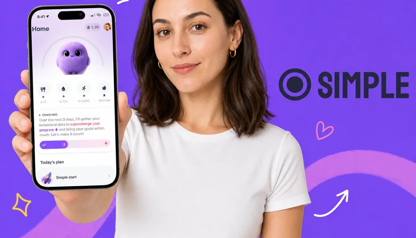 Smartphone showing an AI coaching chat beside a healthy meal bowl with app comparison cards representing Simple app alternatives