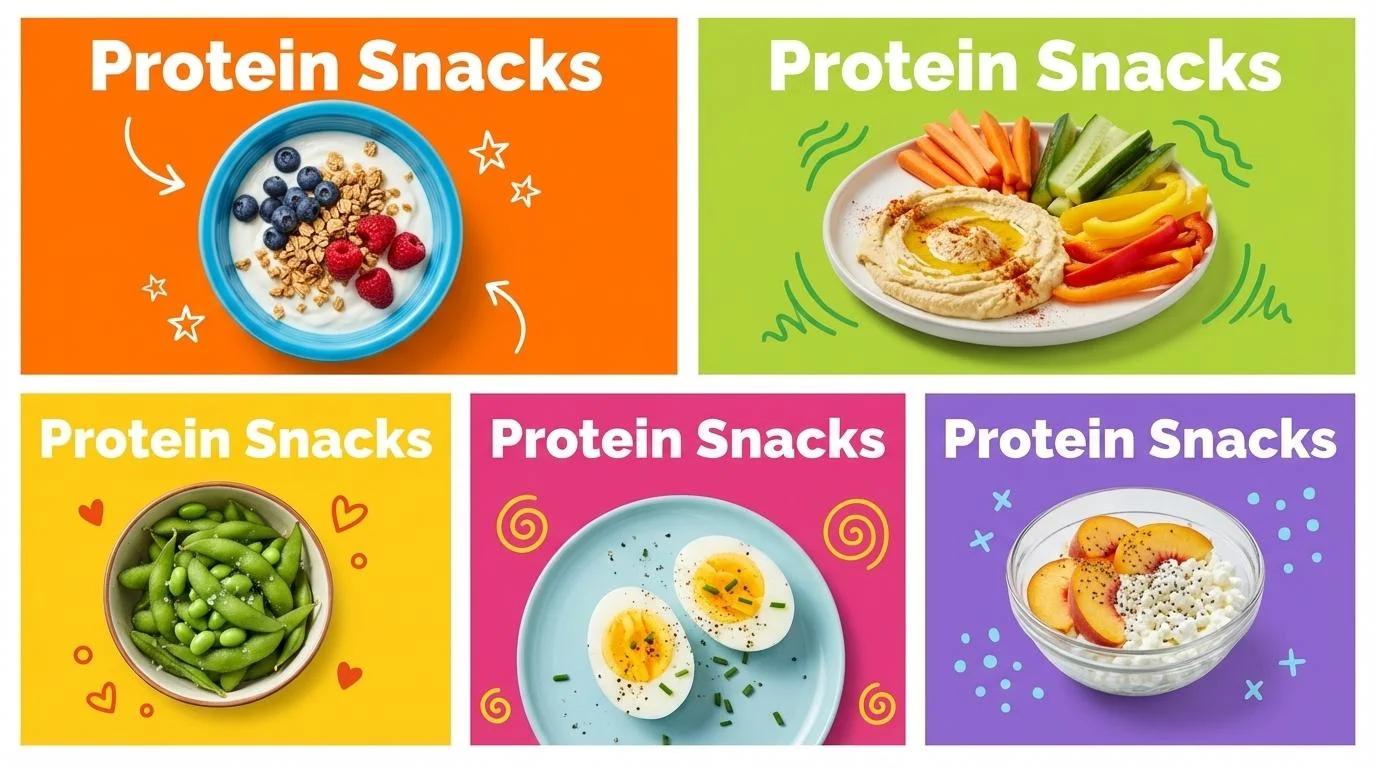 High protein snacks including Greek yogurt, eggs, almonds, and cheese beautifully arranged on a wooden table