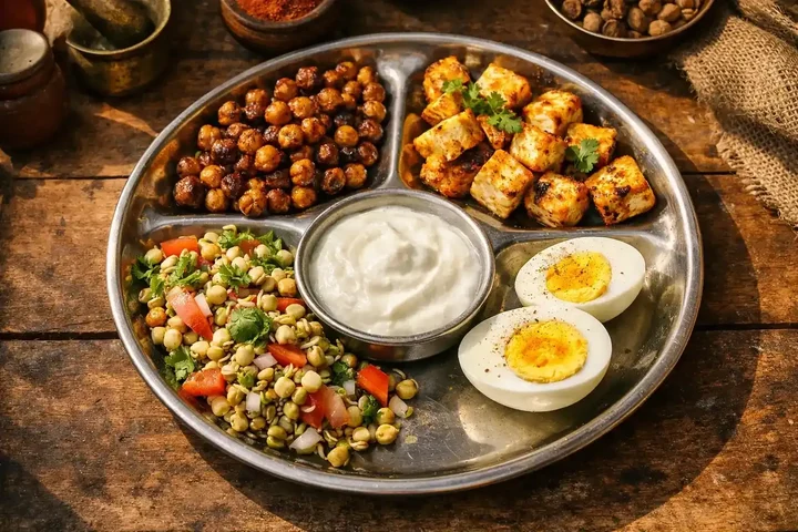 Indian high protein snacks including paneer, chana, and sprouts on a traditional thali
