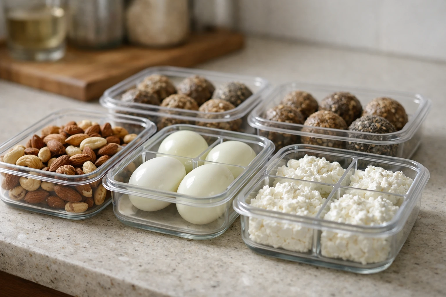 Meal prep containers with protein snacks organized for the week