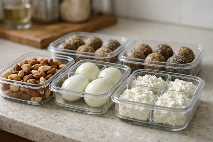 Meal prep containers with protein snacks organized for the week