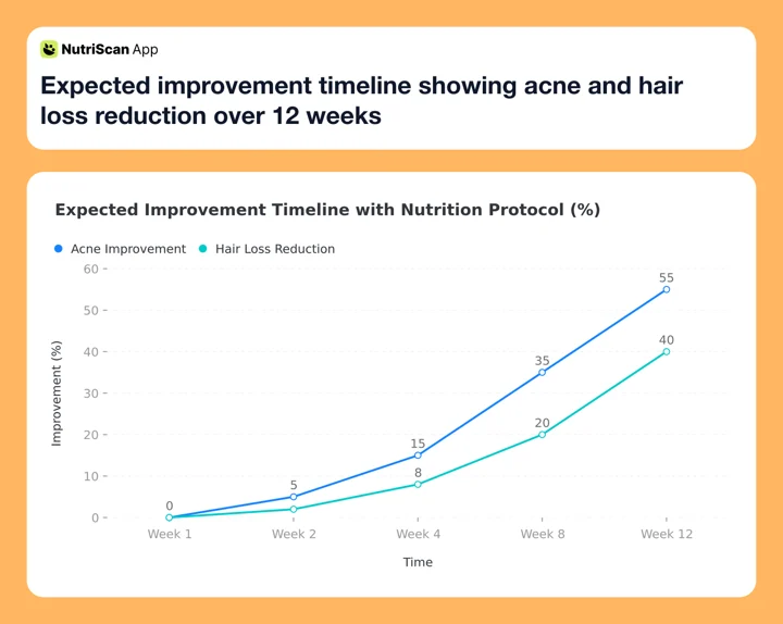 Expected improvement timeline showing acne and hair loss reduction over 12 weeks