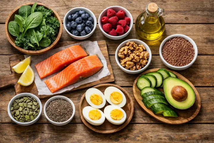 PCOS-friendly foods flatlay showing salmon, avocado, eggs, leafy greens, nuts, and seeds