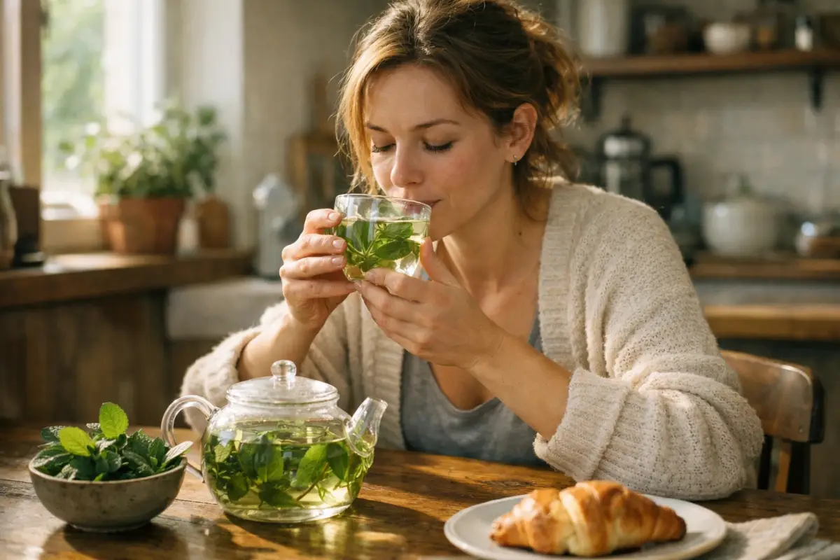 Woman enjoying spearmint tea in morning light