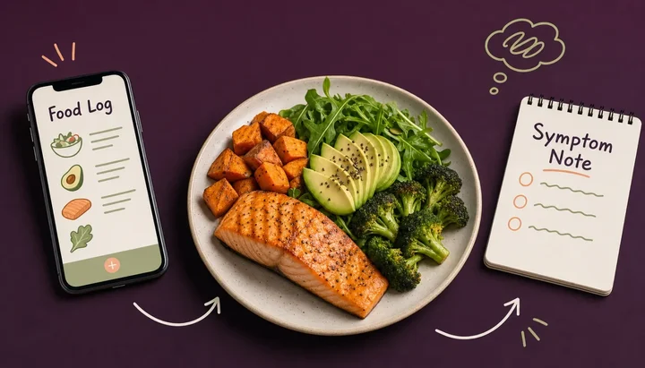 A phone showing a food log beside a plated meal and a paper symptom note, the two halves of PCOS tracking that rarely live in one app
