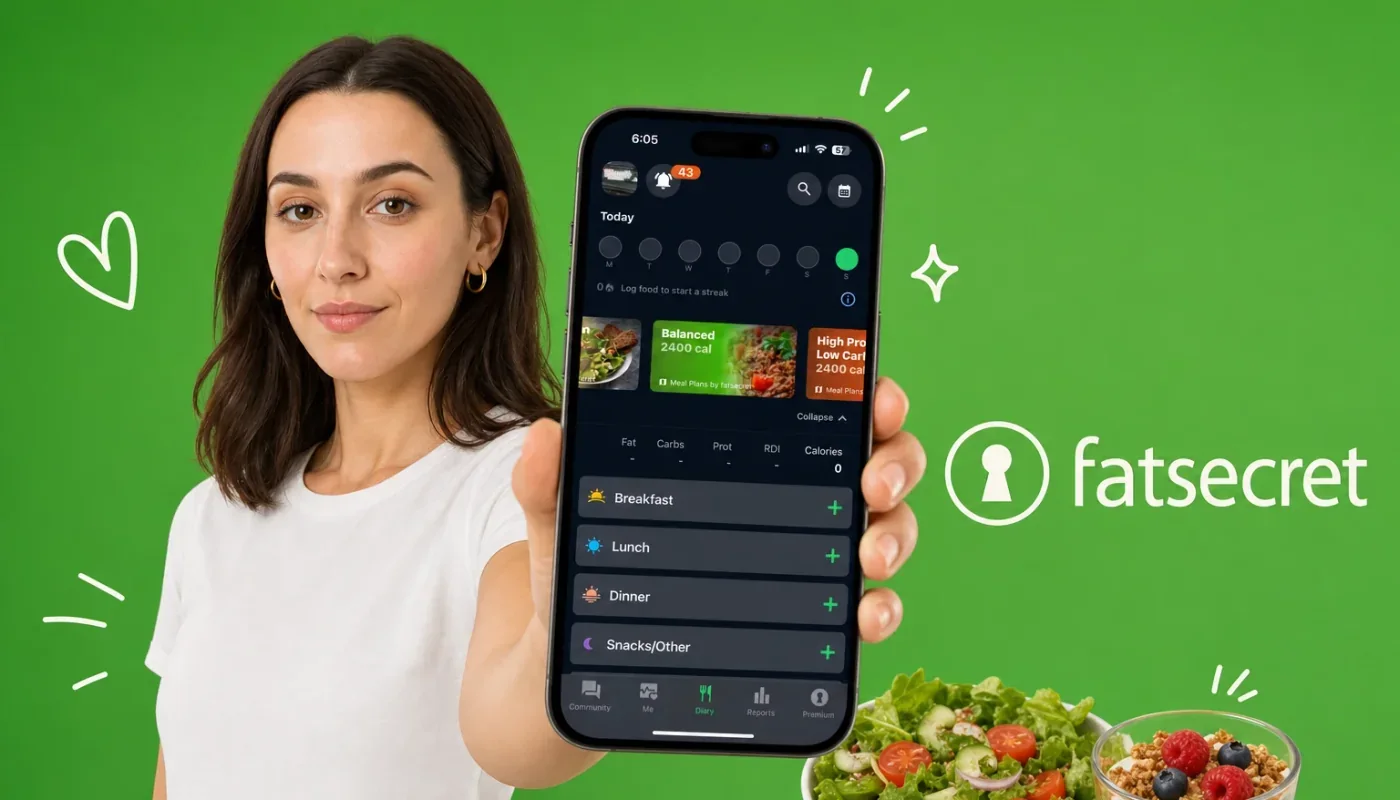 Smartphone with a nutrition tracking app beside bowls of curry, rice, and salad, representing the best FatSecret alternatives in 2026