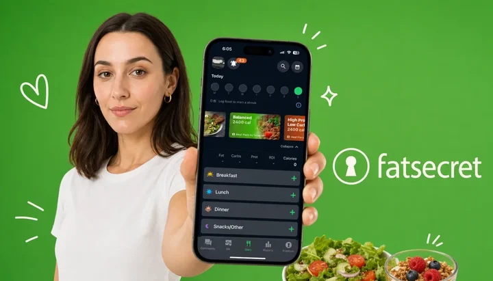 Smartphone with a nutrition tracking app beside bowls of curry, rice, and salad, representing the best FatSecret alternatives in 2026