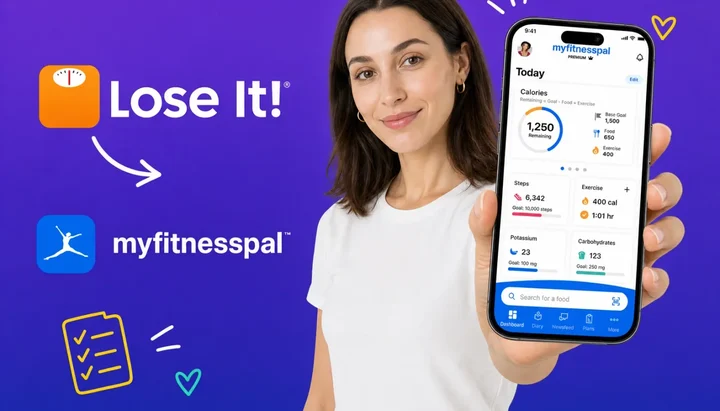 A person holding a phone showing the MyFitnessPal food diary next to a phone showing the Lose It app, with a packed moving box on a kitchen table