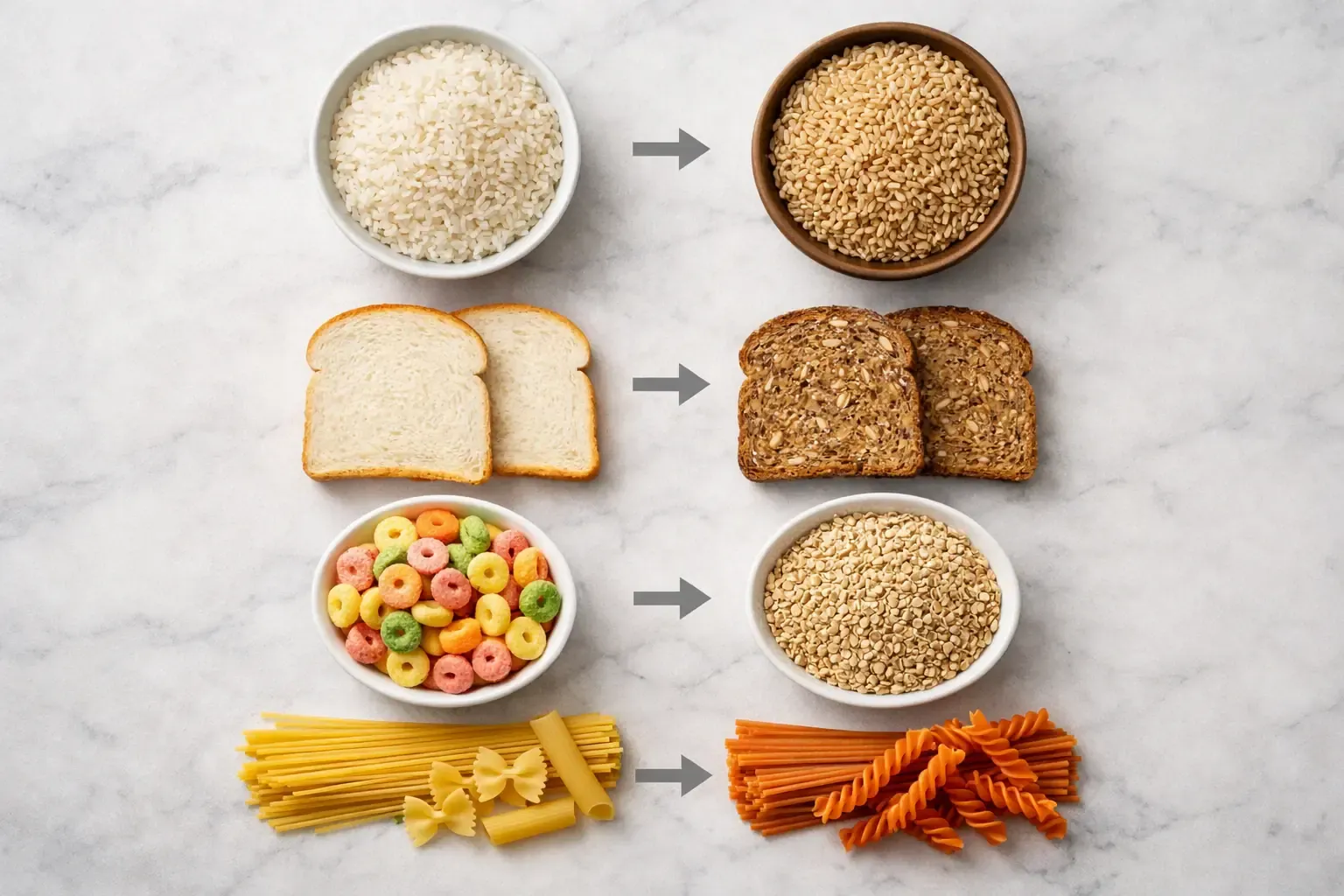 Visual comparison of healthy PCOS food swaps laid out on a marble surface