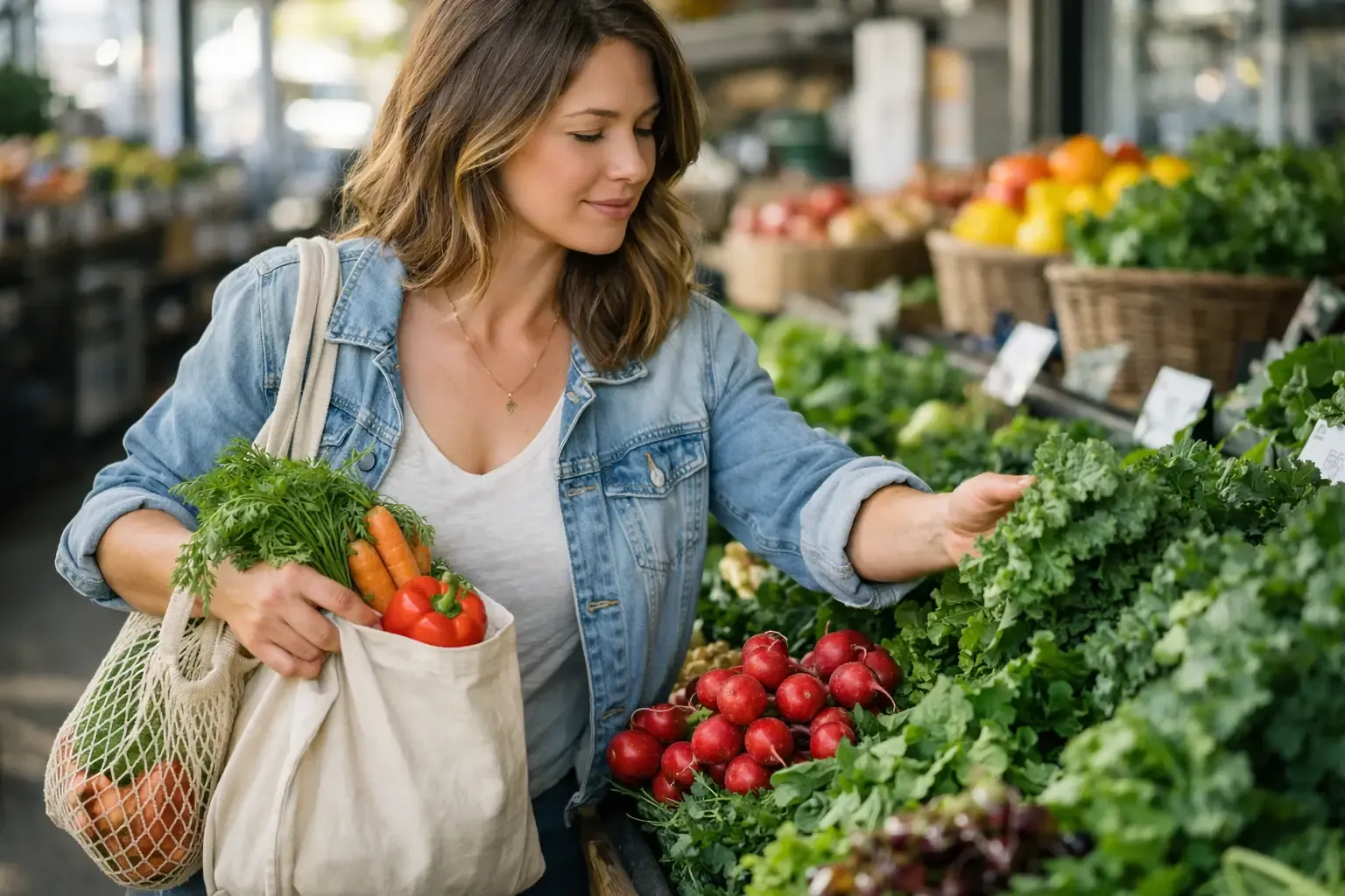Woman selecting fresh vegetables at farmers market for PCOS-friendly shopping