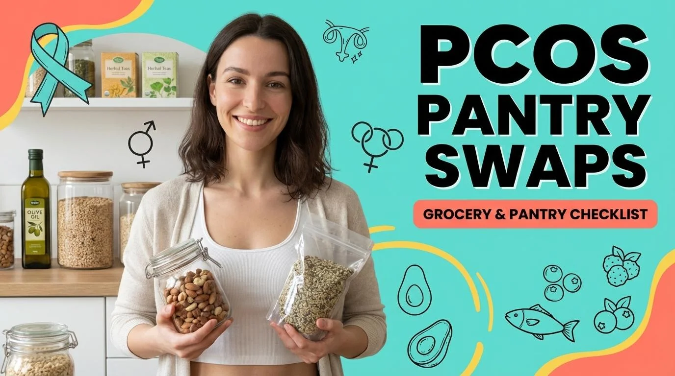 Organized pantry shelves with PCOS-friendly whole foods including legumes, whole grains, olive oil, vegetables, and nuts in glass jars