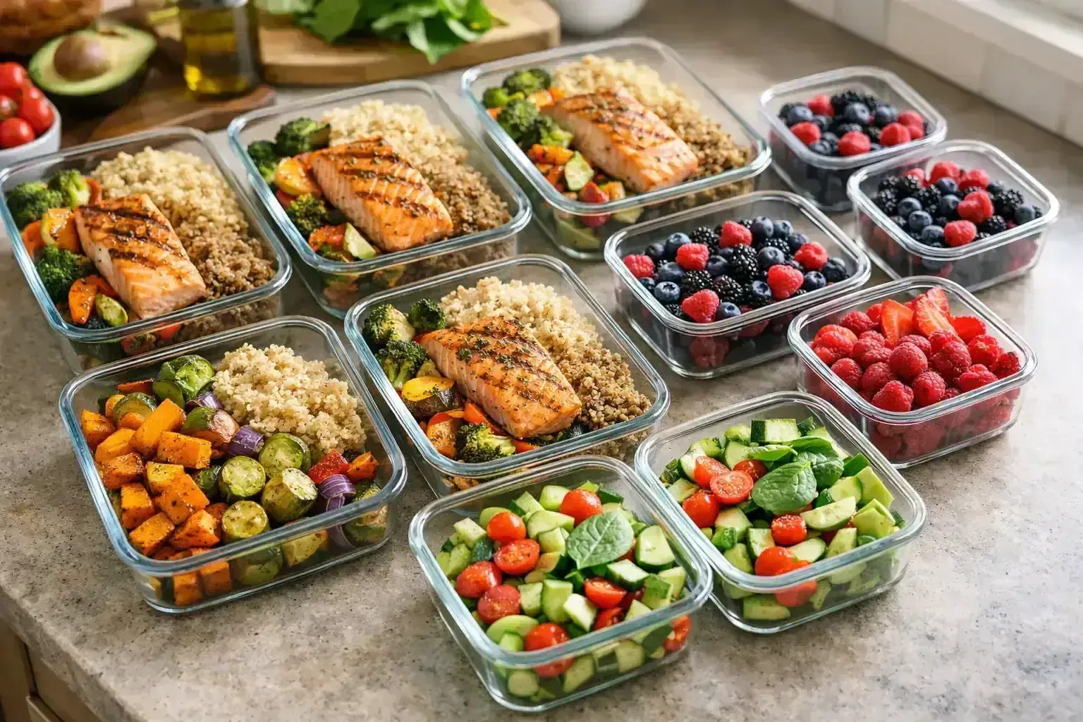 Colorful meal prep containers with PCOS-friendly foods including salmon, quinoa, vegetables and berries