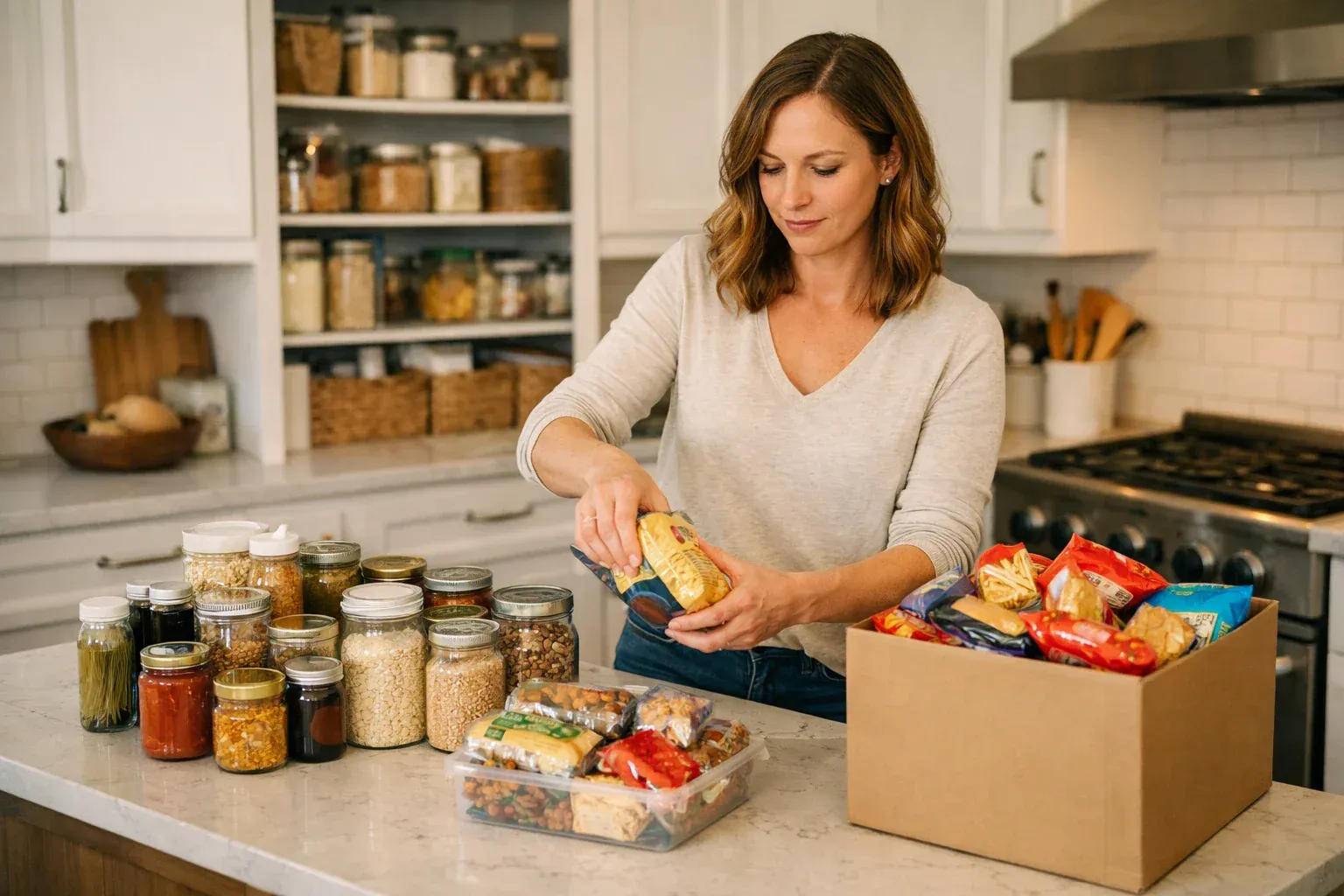 Woman organizing pantry shelves, sorting healthy foods into keep and donate piles