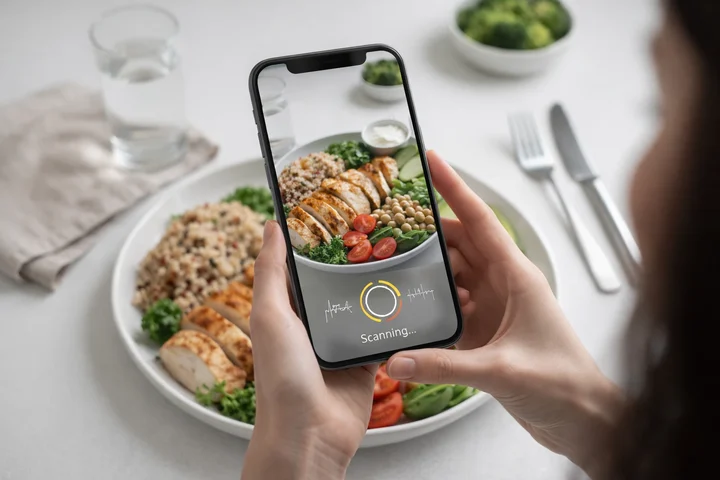 Person using phone to scan food with AI nutrition tracking app